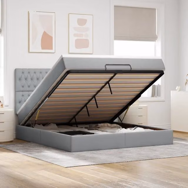 Letto con contenitore a sollevamento e materasso vidaXL in tessuto grigio e bianco L: 180 cm, P: 200 cm, H: 280 cm