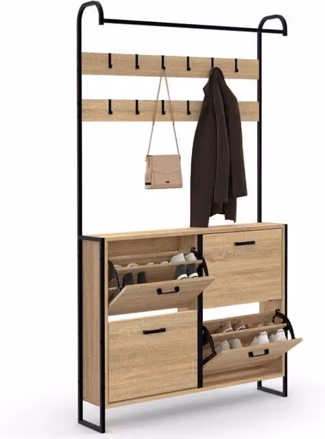IDMarket Scarpiera LUIS da corridoio a 4 ante design industriale in legno e metallo marrone e nero L/P/H: 180 x 24 x 23,5 cm – 1