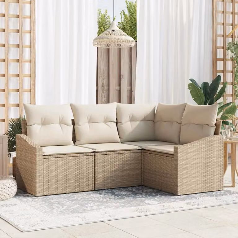 Set Divano da Giardino a L vidaXL in Polyrattan Beige e Bianco con Cuscini