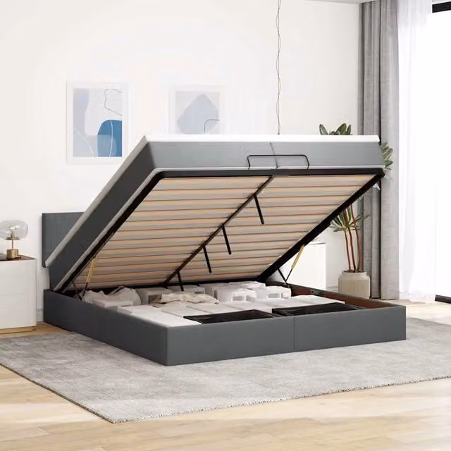Letto con contenitore a sollevamento vidaXL in tessuto grigio e bianco con materasso L/P/H: 200 x 200 x 28 cm