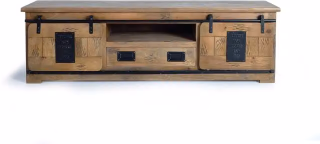 Mobile TV in stile industriale Giner y Colomer con 2 ante e 1 cassetto in legno e metallo color mango e marrone