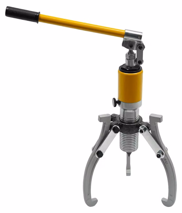 Set di estrattori idraulici per cuscinetti - 10–20 t - Corsa 60 mm - Apertura 300 mm - Per officine e riparazione di macchine edili - Giallo