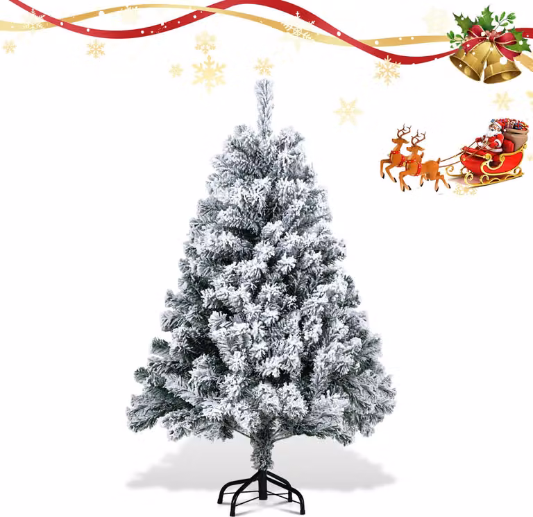 Albero di Natale artificiale Izrielar 120 cm con neve, inclusa base in metallo con 340 aghi in PVC, albero di Natale in PVC, bianco