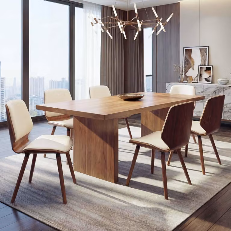 Set di 6 sedie da pranzo modello HWC-B16, in legno con finitura effetto noce, design retrò "bugna", certificate MVG, rivestimento in ecopelle color crema