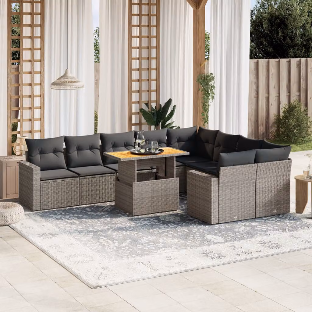 Set Divano da Giardino vidaXL 10 pz a Forma a L in Polyrattan Grigio con Cuscini e Tavolino – 1