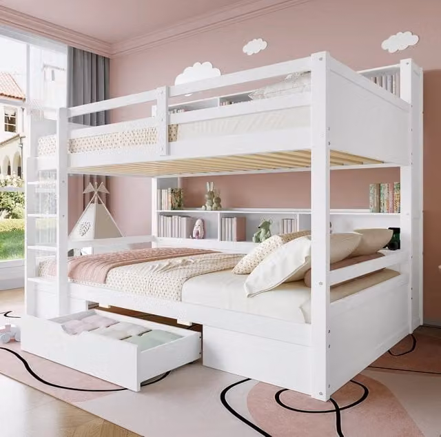 Letto a castello 90x200 cm con cassetto e ripiani; pino massello e MDF; bianco
