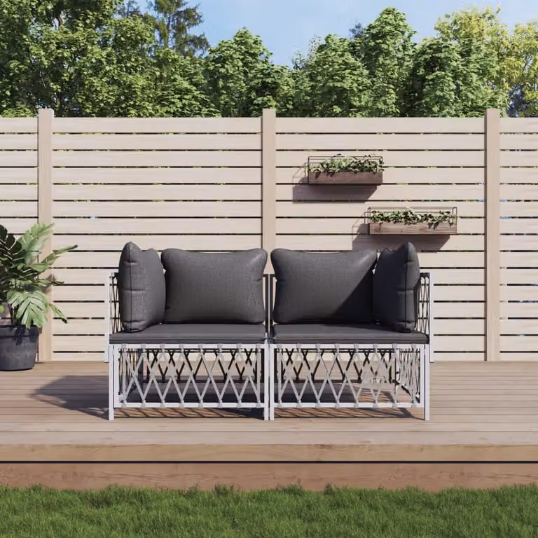 Set Salotto da Giardino vidaXL a Forma di L in Acciaio Verniciato Bianco con Cuscini Grigi e Tessilene