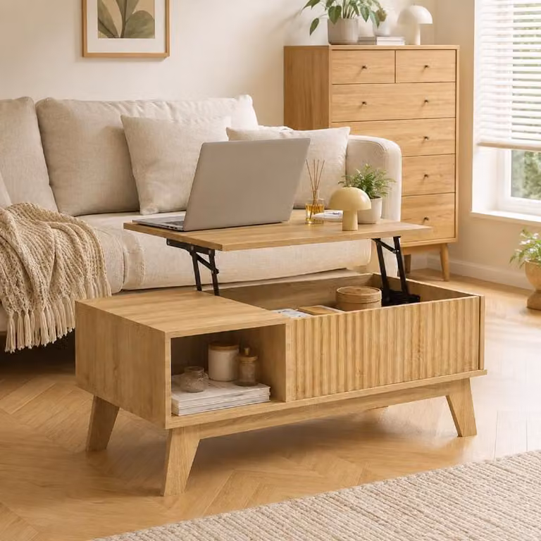 ProximaX: Tavolino da divano regolabile in altezza, 95 cm, effetto legno di quercia, con spazio contenitivo