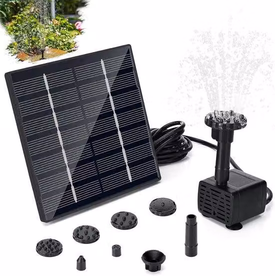 Pompa solare per acqua - Ideale per giardini - Cascate decorative - 6 ugelli a spruzzo - Tubo da 3 metri - Colore nero