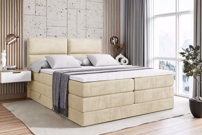 Letto boxspring ALTDECOR con 2 materassi e topper - 120x200 cm - BOXI3 KING - Velluto beige - Letto imbottito con materassi H3 e H4, contenitore e rete a doghe, letto con spazio contenitivo