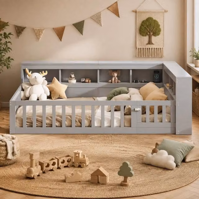 Letto matrimoniale a piattaforma 140 × 200 cm con rete a doghe prese USB vano laterale grigio