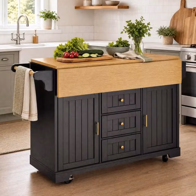 Isola da cucina 120 x 40 x 95 cm nera, estensibile su entrambi i lati con ruote