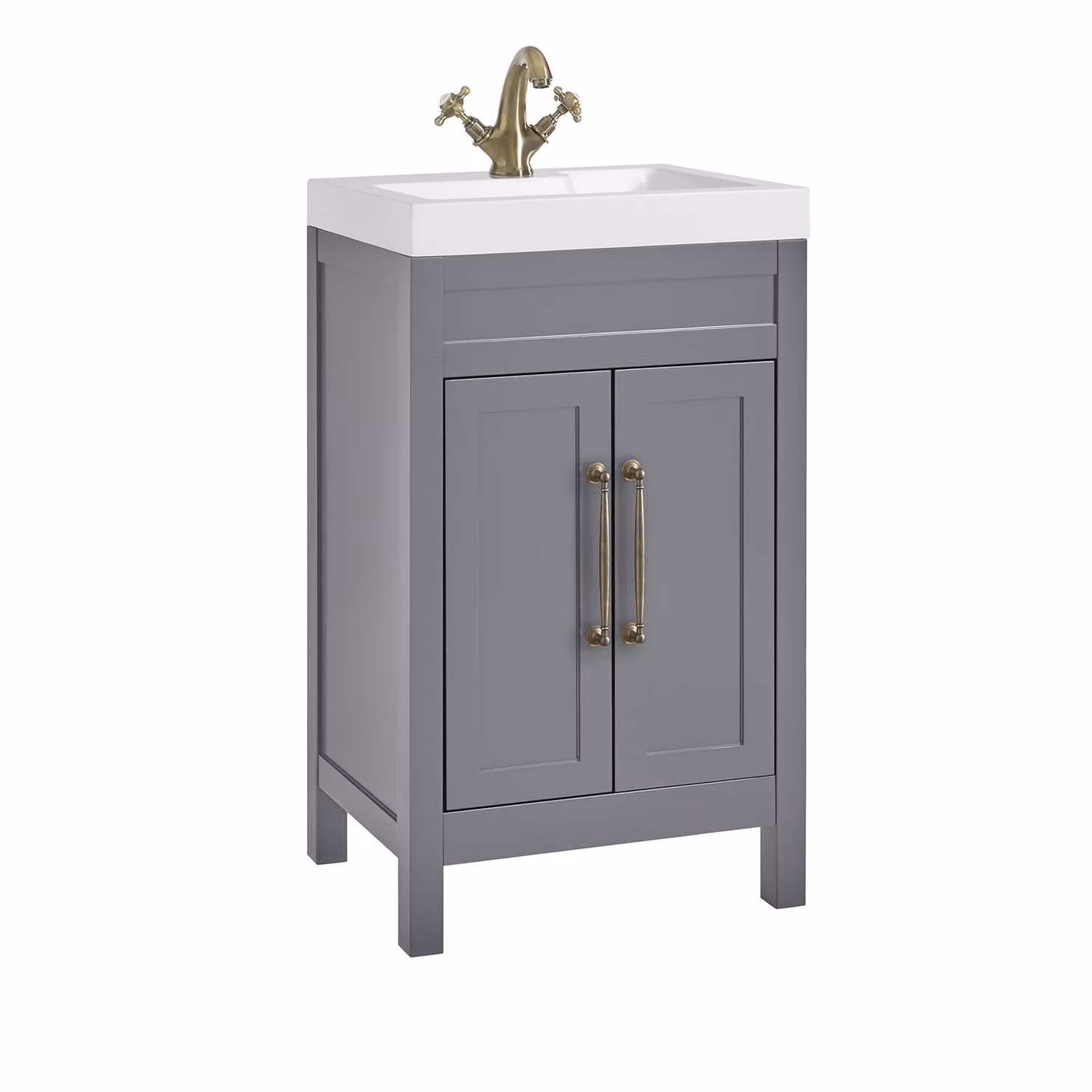 Mobile Bagno Grigio Chiaro da 500mm con Lavabo e Maniglia Classica con Barra a T in in Ottone Spazzolato - Warwick