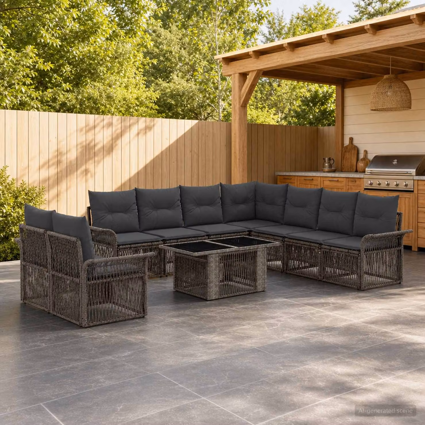 Set Divano da Giardino vidaXL 10 Pezzi in Polyrattan Grigio con Cuscini e Tavolino da Esterno