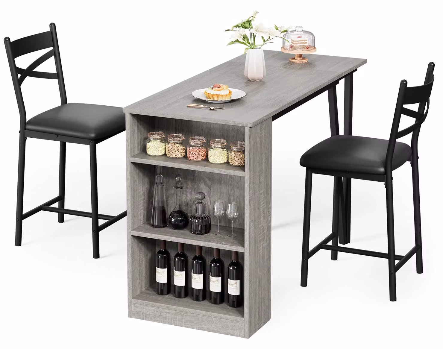 Set di mobili da bar salvaspazio - Tavolo da bar per 2 persone - Set da 3 pezzi - Piano del tavolo pieghevole - 3 ripiani - 2 sgabelli da bar imbottiti in poliuretano - Grigio