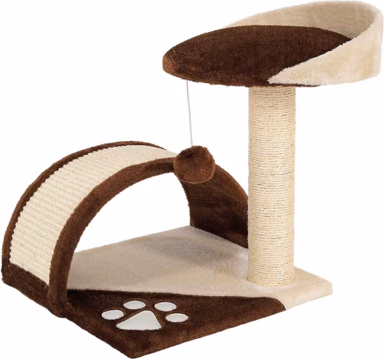 Albero per gatti di 43 cm, con pallina di peluche e tiragraffi, corda in sisal, color marrone e beige, adatto ai gatti