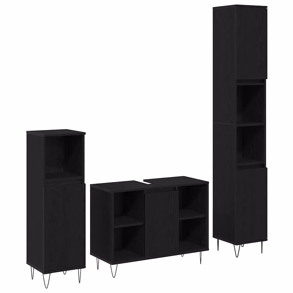 Set di mobili per il bagno vidaXL 3 pezzi in rovere e nero con mobile lavabo, colonna e mobile laterale L/P/H: 80 x 49,55 x 180 cm