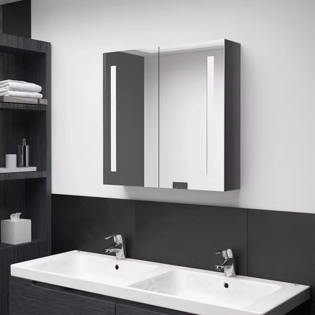 Armadietto da bagno moderno vidaXL con specchio e illuminazione LED, ante in vetro, grigio lucido, L: 62 cm, H: 60 cm, P: 14 cm – 1