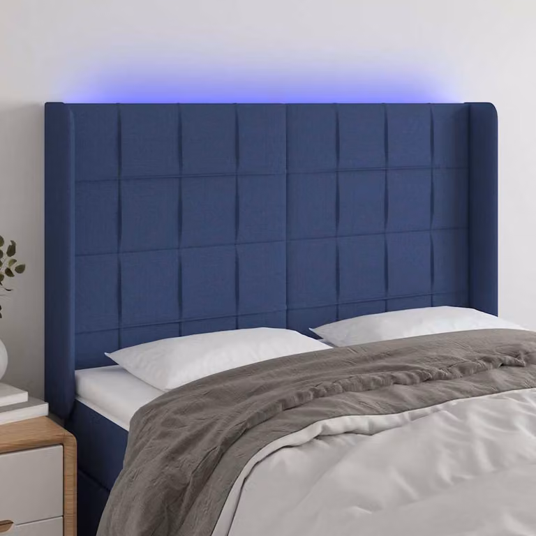 Testiera per letto vidaXL in tessuto blu con illuminazione LED integrata e porta di ricarica USB, L 147 cm, P 16 cm, H 118-128 cm