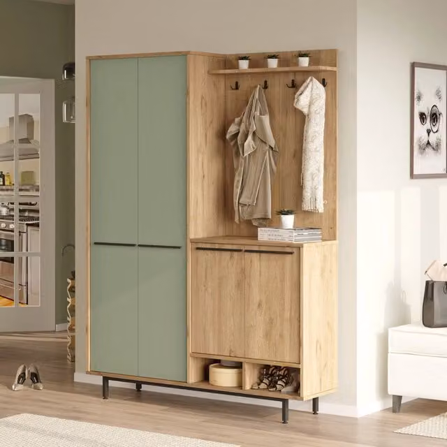 Tignale DMORA Mobile da Ingresso con Appendiabiti e Ripiani, Verde Salvia, L: 147 cm, P: 36 cm, H: 196 cm