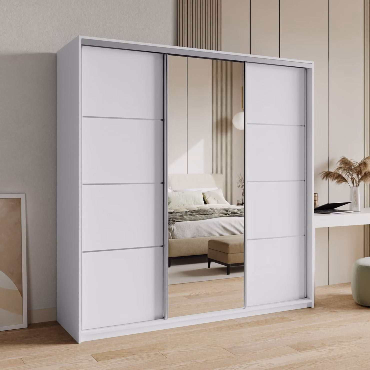 Armadio scorrevole Masseno VARO 200/205/60 cm Armadio con cassetti Armadio per camera da letto a 3 ante con specchio Bianco + satinato