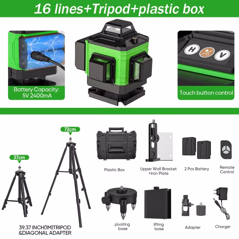 Livella laser - Livella laser autolivellante 4D - 16 linee - 360° di linee laser orizzontali e verticali - Raggio laser verde - Include treppiede - Custodia in plastica