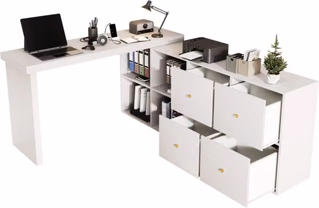 Scrivania angolare 140x120x78 cm in MDF bianco， girevole a 360°， con contenitori
