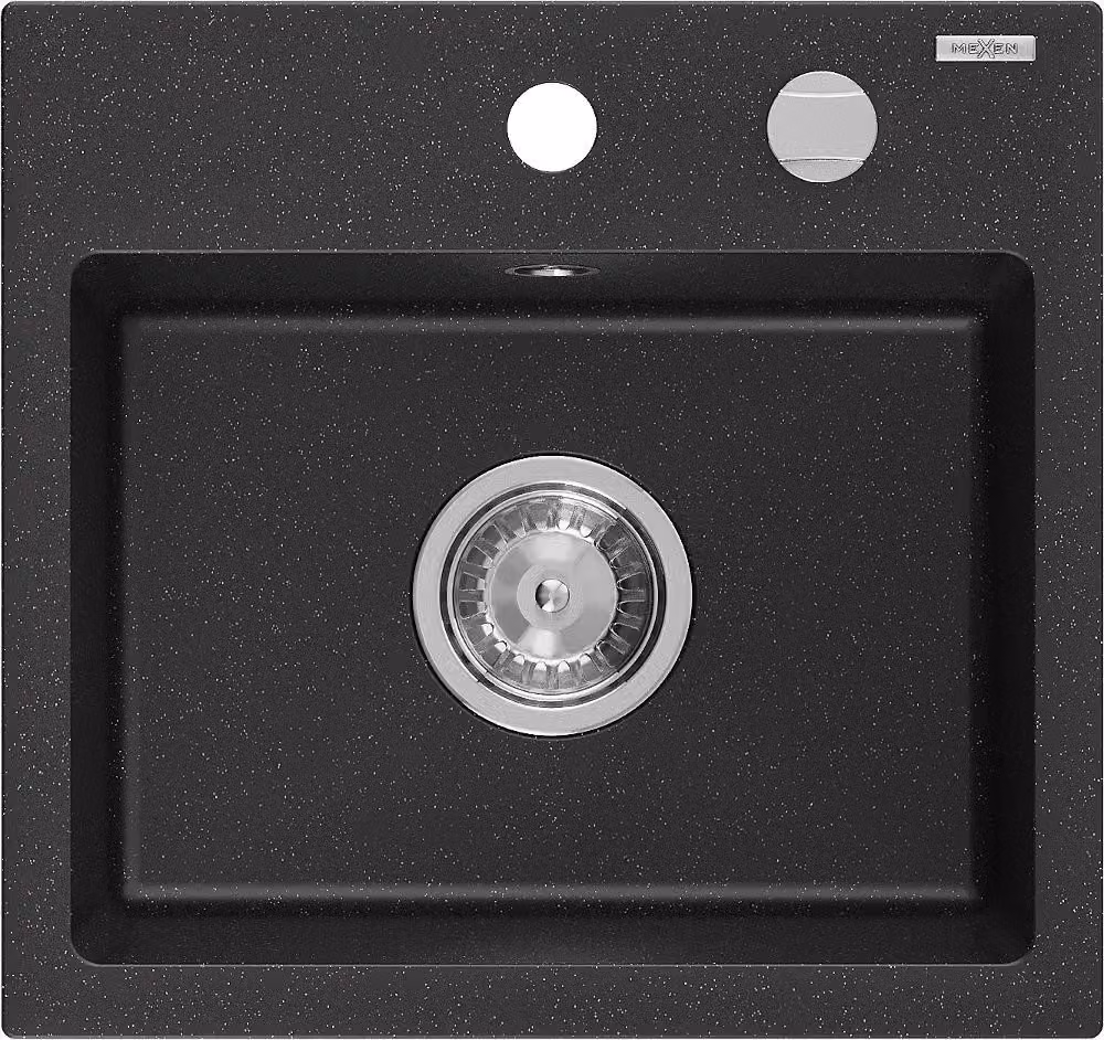 Mexen Milo lavello in granito a 1 vasca 435 x 410 mm, nero/argento metallizzato, sifone cromato - 6505441000-73