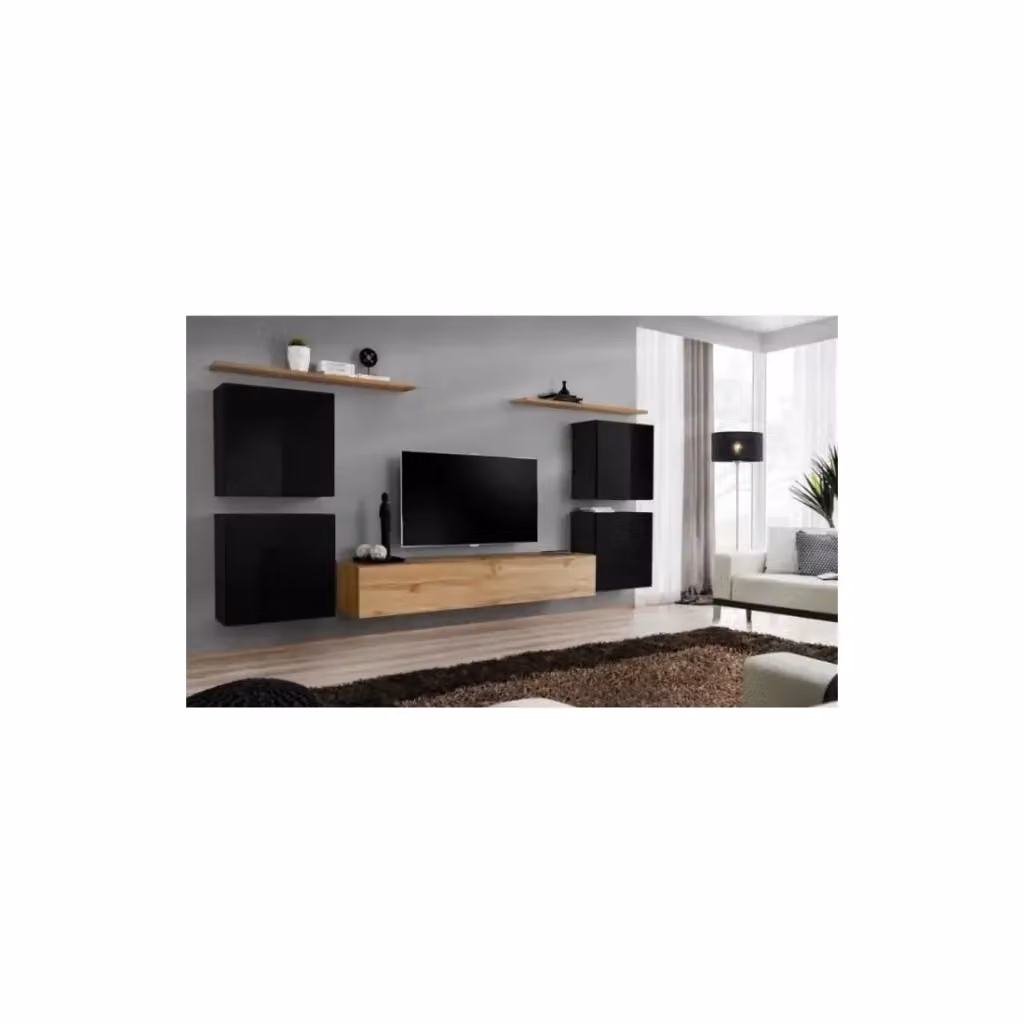Composizione murale SWITCH IV Meublorama in Rovere e Nero lucido con mobile TV e mensole in stile industriale moderno – 2