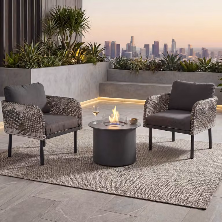 Set in polyrattan MCW-P80, set da giardino con sedie lounge, tavolo con braciere a bioetanolo in alluminio, tessuto 220 g/m² ~ grigio scuro