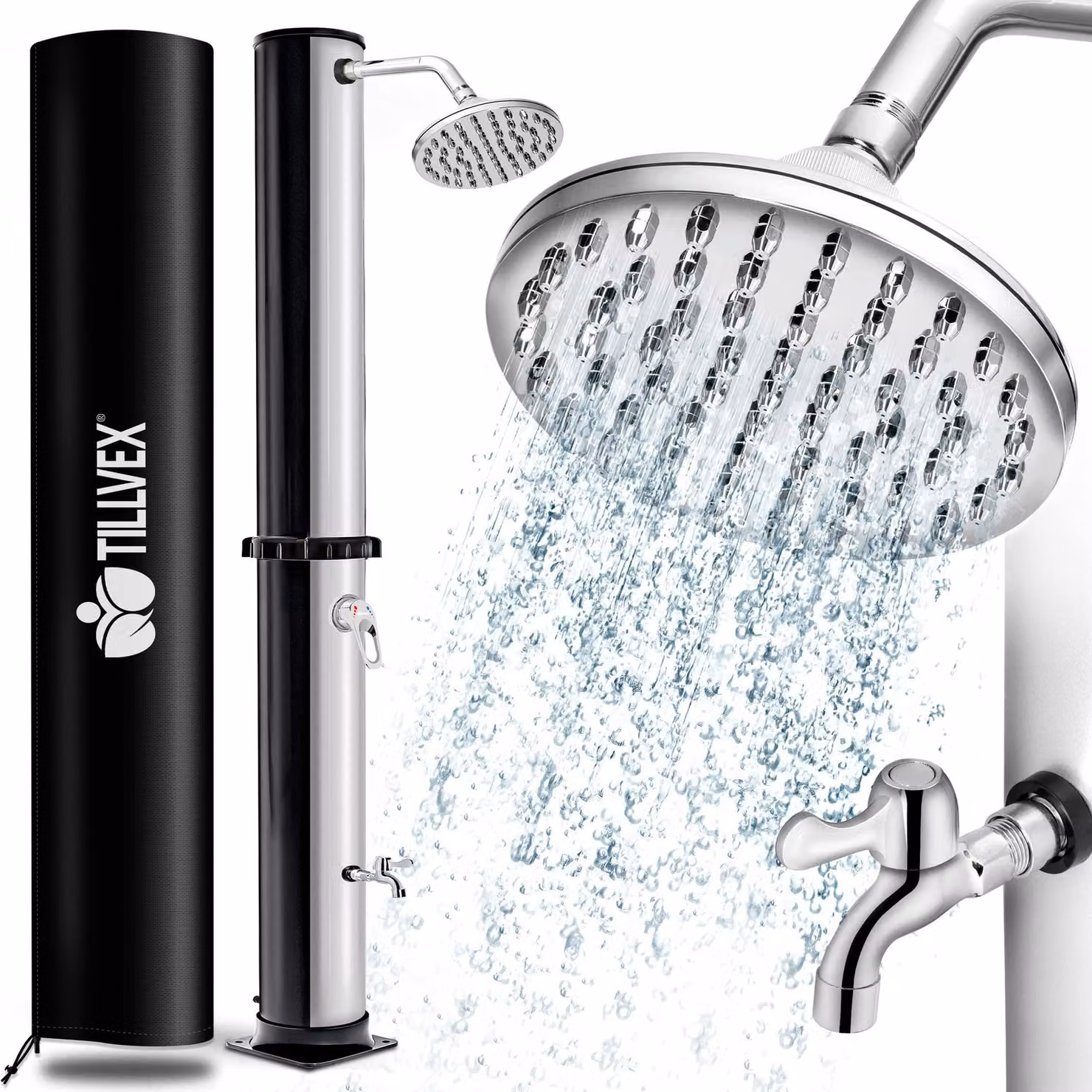 tillvex doccia solare 20L nero/argento inclusa copertura protettiva doccia da giardino doccia da piscina doccia da campeggio doccia solare da esterno doccia a pioggia