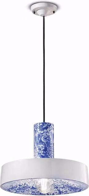 Sospensione Grande Vintage Decò Pi Ceramica Ming Blu 1 Luce E27