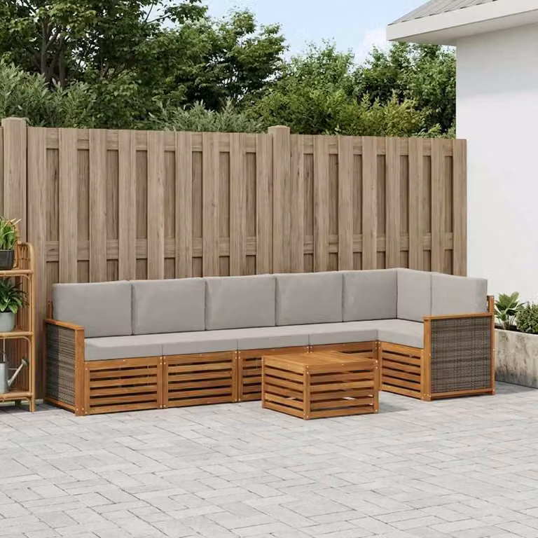vidaXL Set di divani da esterno a L in legno di acacia con tavolo da caffè, 6 pezzi, Grigio e Marrone