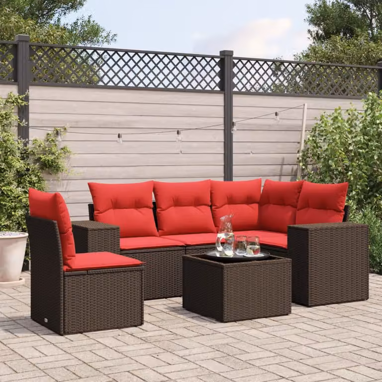 Set di divani da giardino vidaXL in polyrattan marrone con cuscini e tavolino da esterno a forma di L per 6 persone