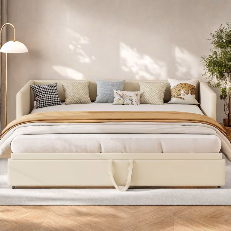 UnboxG Divano letto 90x200/180x200cm con letto estraibile, divano letto giorno letto per bambini letto per ragazzi con rete a doghe, letto giorno in velluto, beige