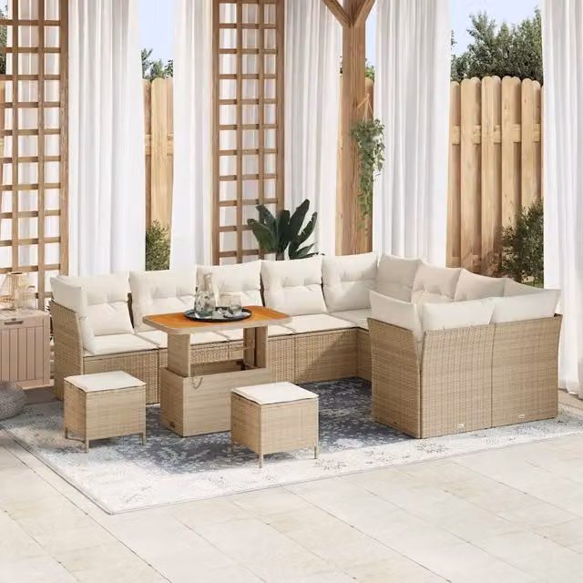 Set Divano da Giardino vidaXL 12 Pezzi a Forma di U Beige con Cuscini e Tavolino da Esterno in Polyrattan e Acciaio – 1