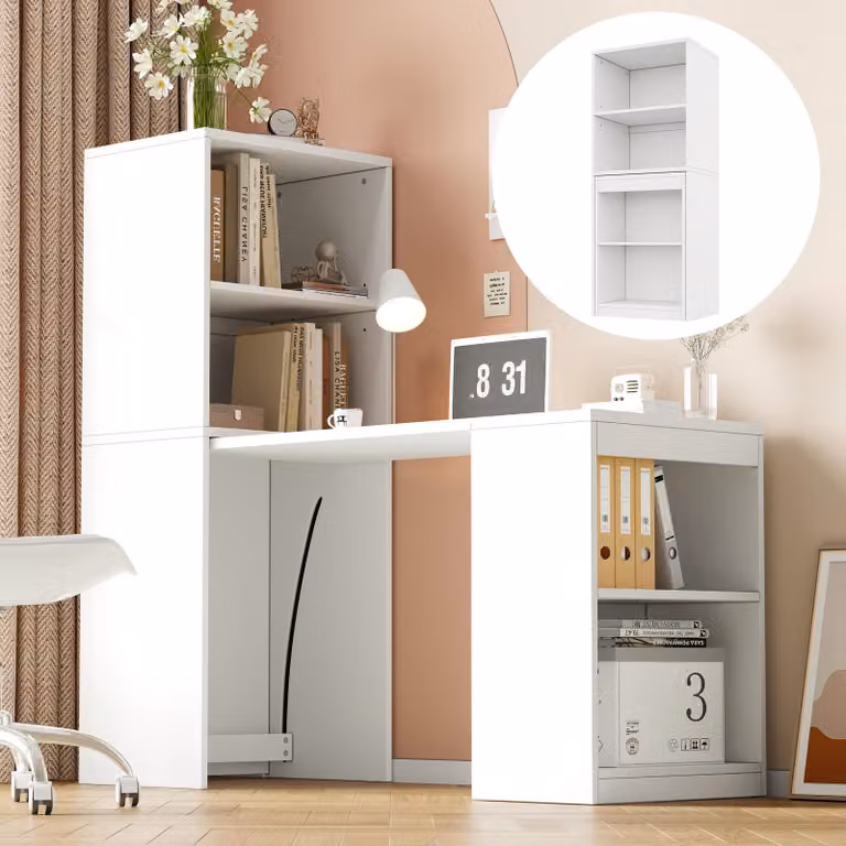 Scrivania Merax, tavolo ribaltabile multifunzionale e libreria in un unico mobile, scrivania da ufficio con ripiani, scrivania per computer, 130x51x137 cm, bianco