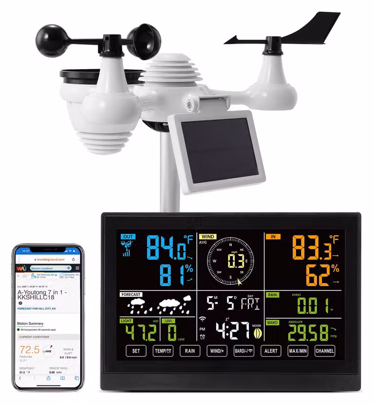 Stazione meteorologica wireless - Sensore Wi-Fi 7-in-1 - Display a colori da 7,5 pollici - Alimentazione a energia solare