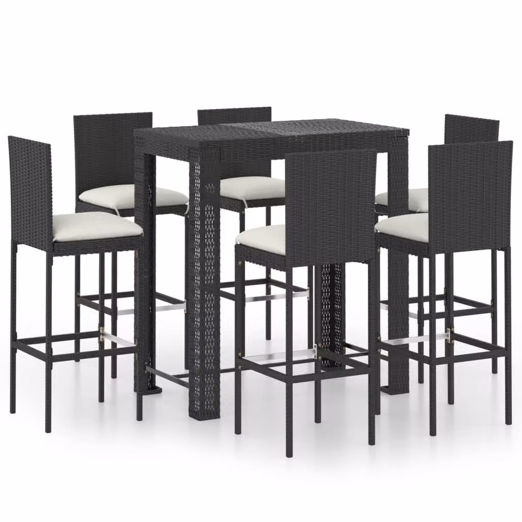 Set Bar da Giardino 7 pz con Cuscini in Polyrattan Nero