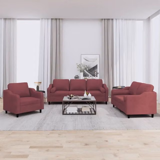 Set di divani 3 pezzi vidaXL in tessuto rosso per soggiorno con cuscini inclusi – 1