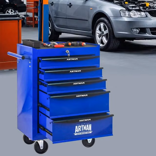 Carrello portautensili REDOM con 5 cassetti in acciaio, con ruote e chiusura di sicurezza, colore nero e blu, L/P/H: 72.8 x 39.0 x 59.2 cm – 1