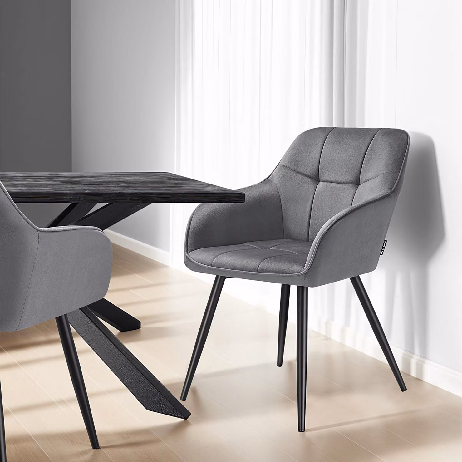 Set di 4 sedie Marilyn tectake in velluto trapuntato, colore grigio e nero, stile moderno per cucina e sala da pranzo – 2