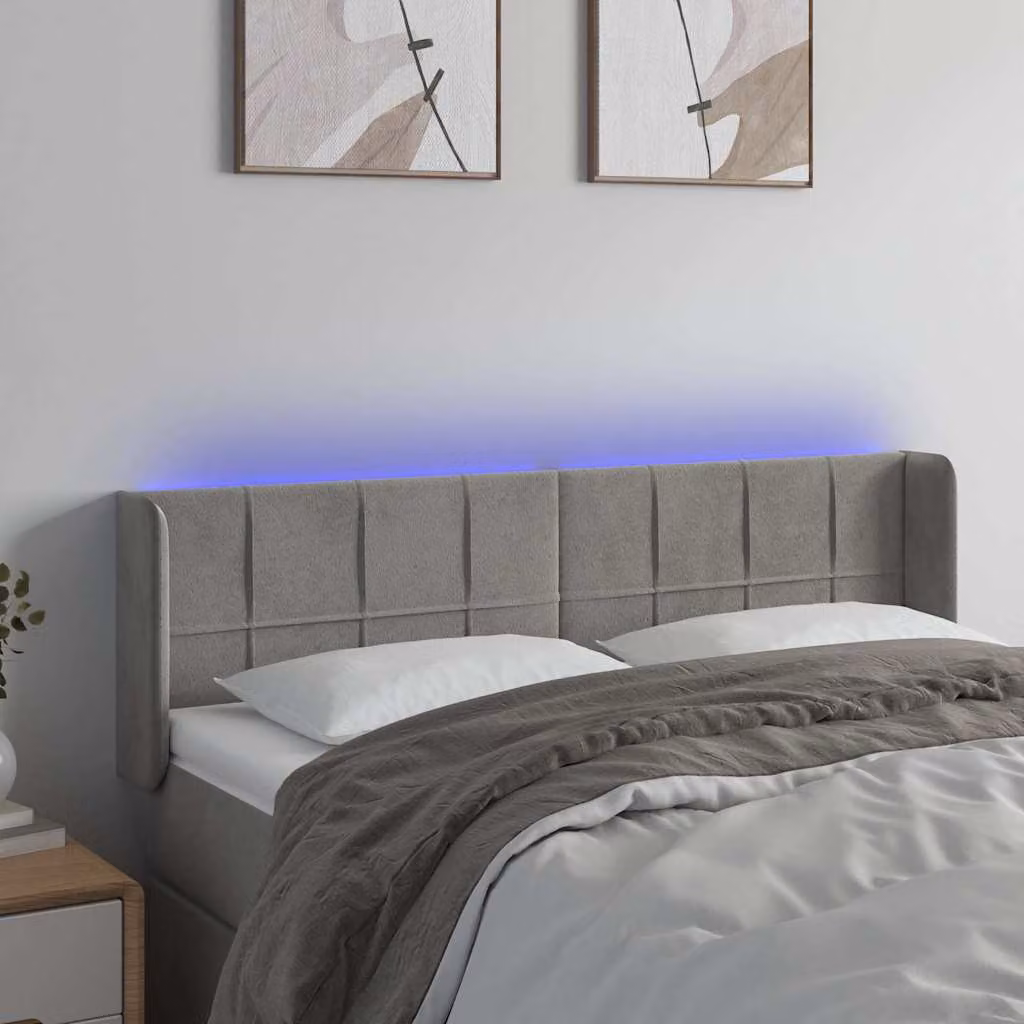 Testiera per letto vidaXL in velluto grigio chiaro con illuminazione LED e porta USB, L 147 x P 16 x H 78/88 cm
