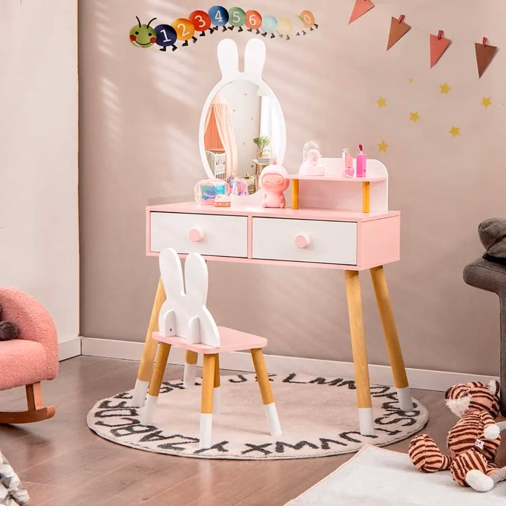 Set toeletta per bambini con specchio a forma di coniglio, tavolo con cassetti e sgabello, colore bianco – 2