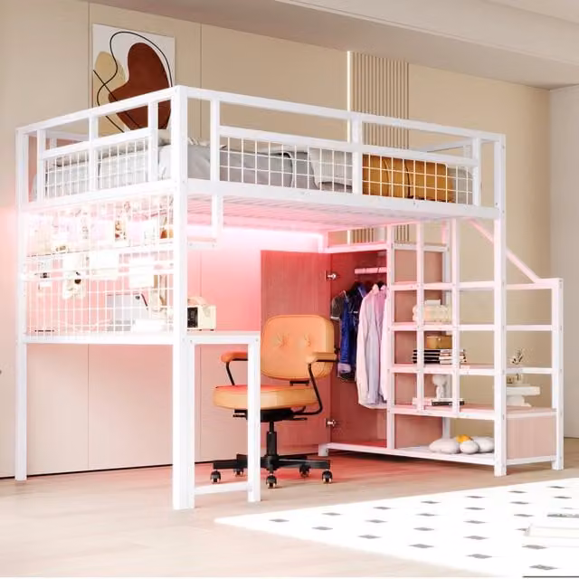 Letto a soppalco 140 × 200 cm con scrivania, scaffale, armadio, LED, prese, senza materasso, in metallo, bianco