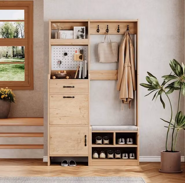Guardaroba da ingresso 108.5x35x180 cm con panca; 4 ganci; truciolato naturale e bianco