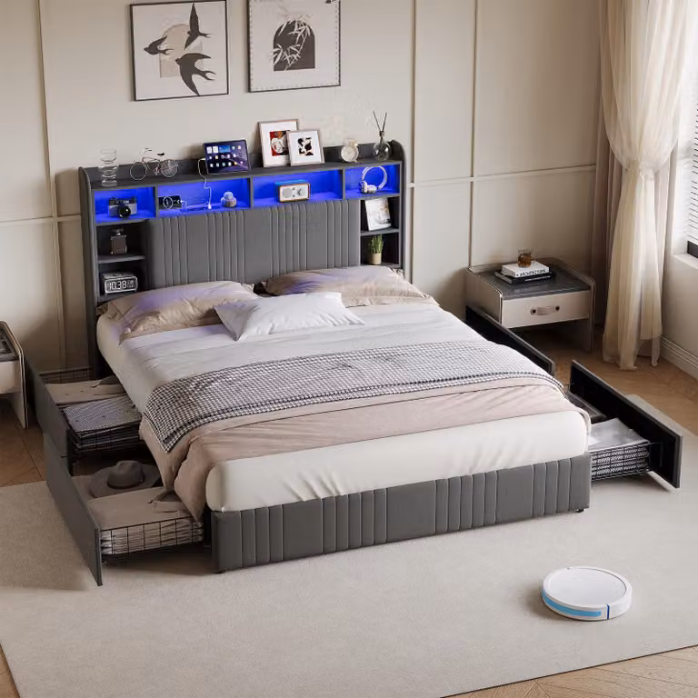 Letto in lino grigio ProximaX 140x200 cm con pratici cassetti, letto imbottito moderno con rete a doghe, silenzioso e stabile, ideale per camere da letto e camere dei ragazzi