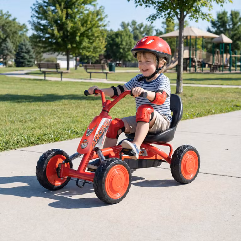 Go kart a pedali Costway per bambini con sedile regolabile e telaio in metallo, veicolo da gioco a 4 ruote rosso, portata massima 30 kg