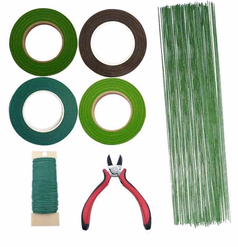 Set di strumenti per composizioni floreali, composto da 7 pezzi, tra cui: nastro adesivo per fioristi, filo di diverso spessore (26 e 22 gauge)