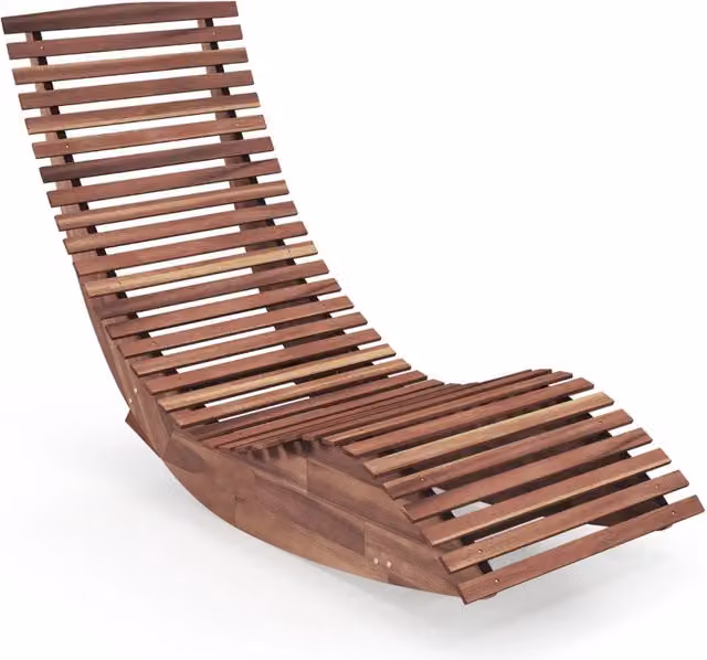 Sedia a dondolo Design Mania in legno di acacia per esterni e interni, colore naturale marrone e beige, H 157 cm x L 120 cm x P 60 cm